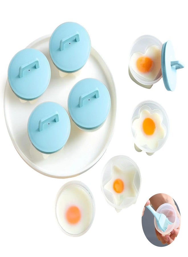 Teeloray Egg Poacher Cups, 4 Pcs Poached Egg Cooker with Lid and Oil Brush Egg Coddler 4 Shapes Reusable Egg Molds, BPA Free Nonstick Egg Poaching Cups for Boiled Eggs Without Shell, Blue - Image 1